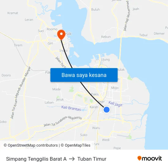 Simpang Tenggilis Barat A to Tuban Timur map