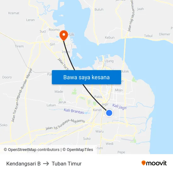 Kendangsari B to Tuban Timur map
