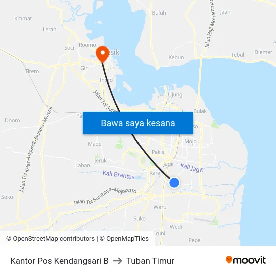 Kantor Pos Kendangsari B to Tuban Timur map