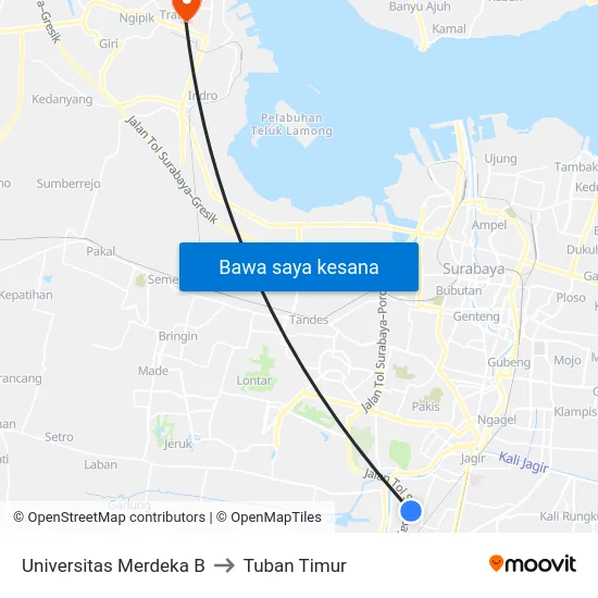 Universitas Merdeka B to Tuban Timur map