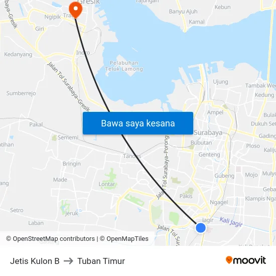 Jetis Kulon B to Tuban Timur map