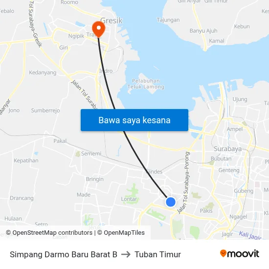 Simpang Darmo Baru Barat B to Tuban Timur map
