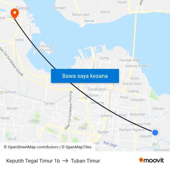 Keputih Tegal Timur 1b to Tuban Timur map