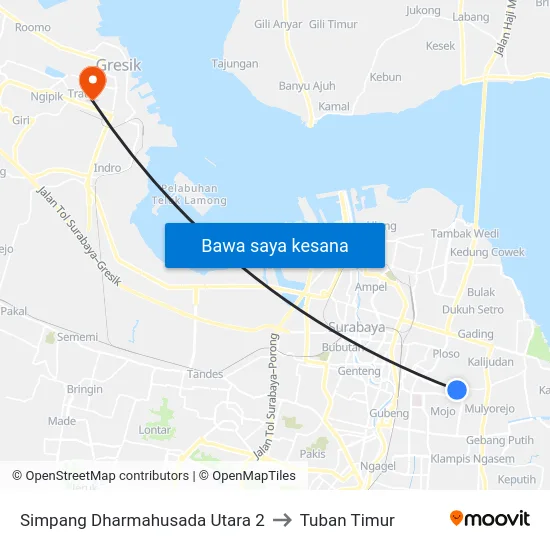 Simpang Dharmahusada Utara 2 to Tuban Timur map