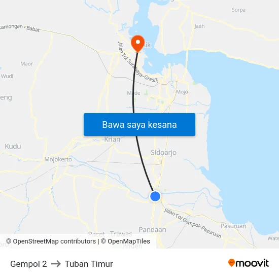 Gempol 2 to Tuban Timur map