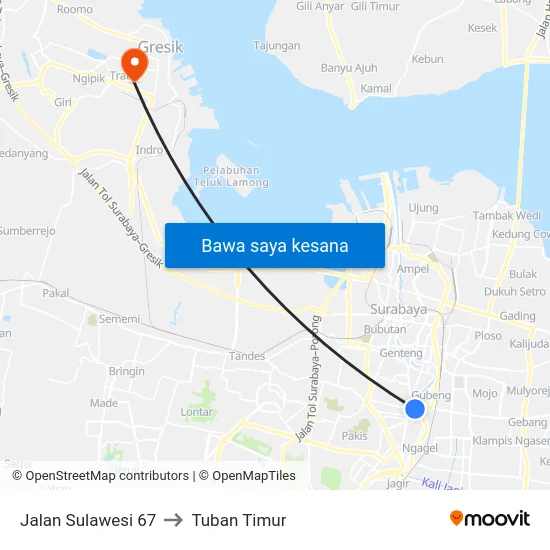 Jalan Sulawesi 67 to Tuban Timur map