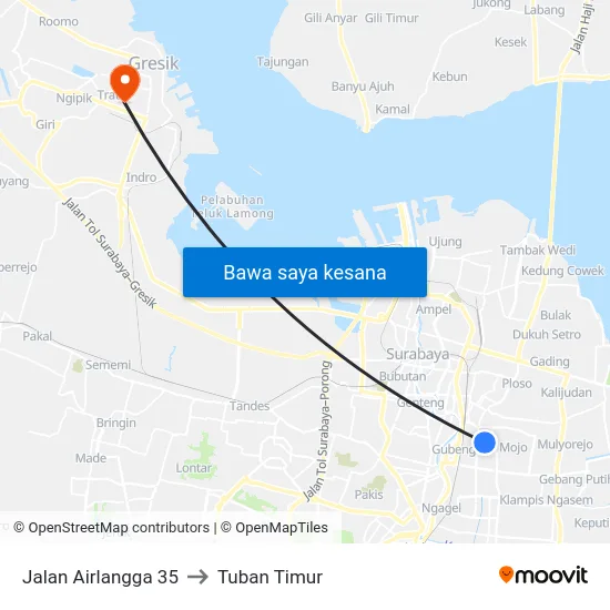 Jalan Airlangga 35 to Tuban Timur map