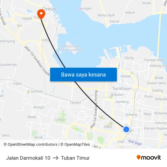 Jalan Darmokali 10 to Tuban Timur map