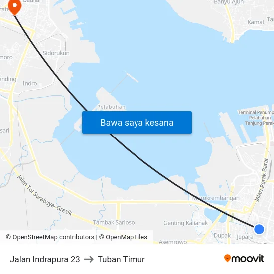 Jalan Indrapura 23 to Tuban Timur map