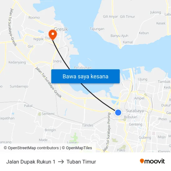 Jalan Dupak Rukun 1 to Tuban Timur map