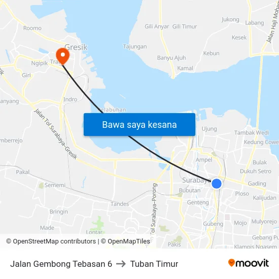 Jalan Gembong Tebasan 6 to Tuban Timur map
