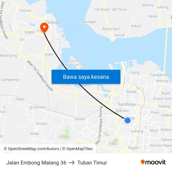 Jalan Embong Malang 36 to Tuban Timur map