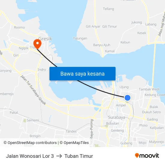 Jalan Wonosari Lor 3 to Tuban Timur map