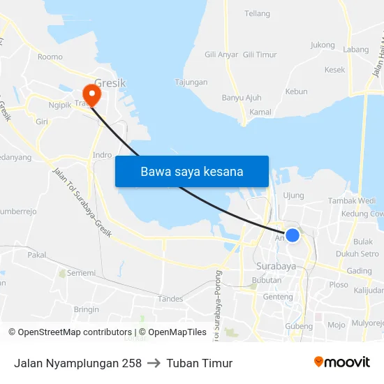 Jalan Nyamplungan 258 to Tuban Timur map