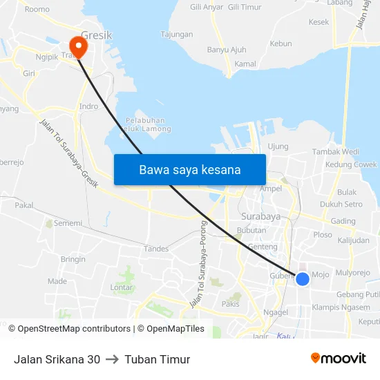 Jalan Srikana 30 to Tuban Timur map