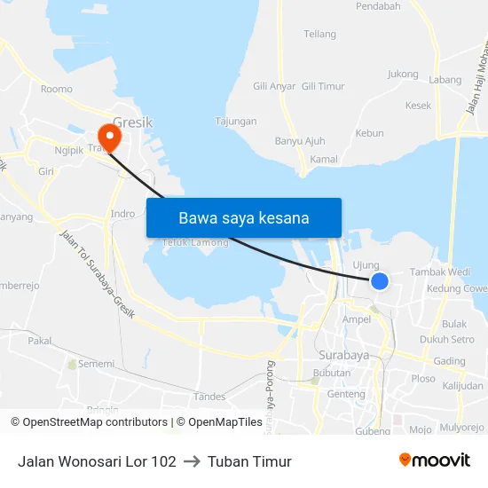Jalan Wonosari Lor 102 to Tuban Timur map