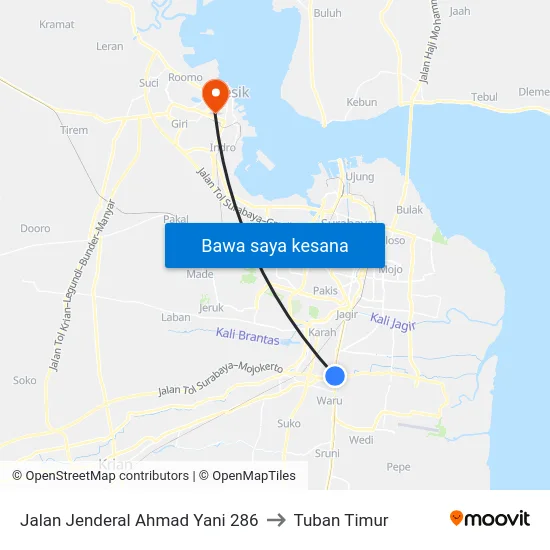 Jalan Jenderal Ahmad Yani 286 to Tuban Timur map