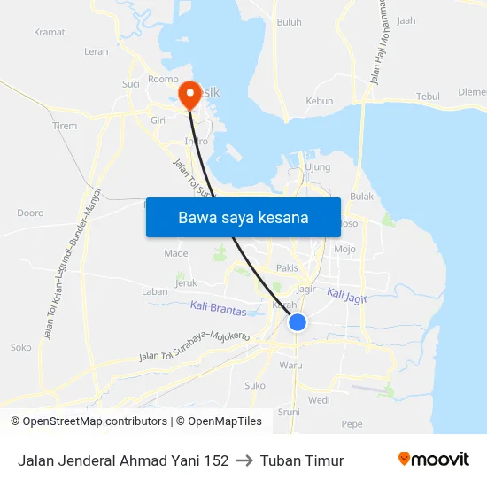 Jalan Jenderal Ahmad Yani 152 to Tuban Timur map