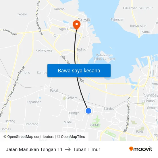 Jalan Manukan Tengah 11 to Tuban Timur map