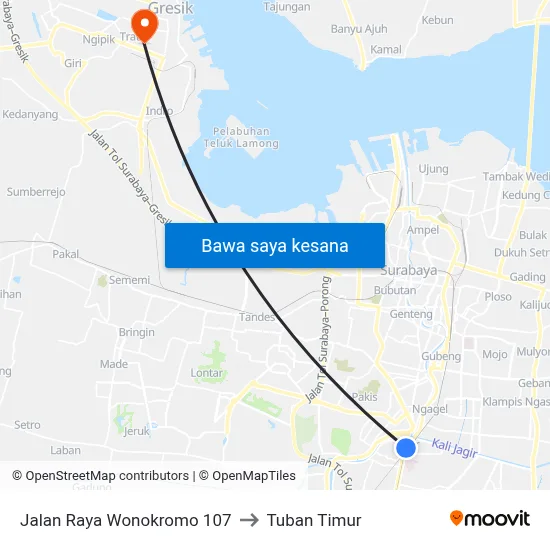 Jalan Raya Wonokromo 107 to Tuban Timur map