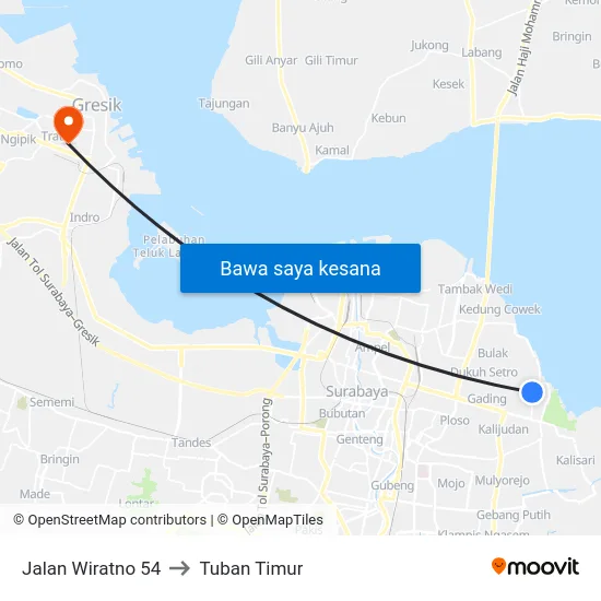 Jalan Wiratno 54 to Tuban Timur map