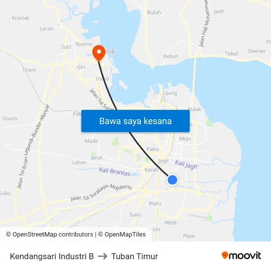 Kendangsari Industri B to Tuban Timur map