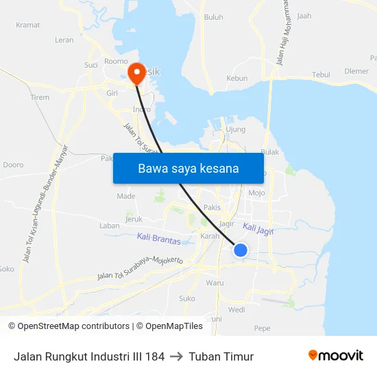 Jalan Rungkut Industri III 184 to Tuban Timur map