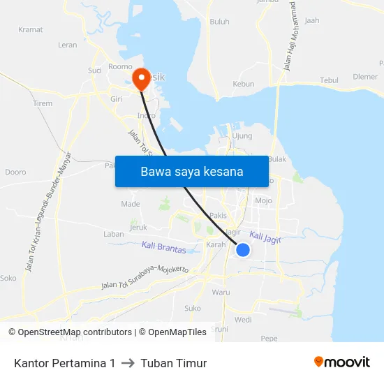 Kantor Pertamina 1 to Tuban Timur map