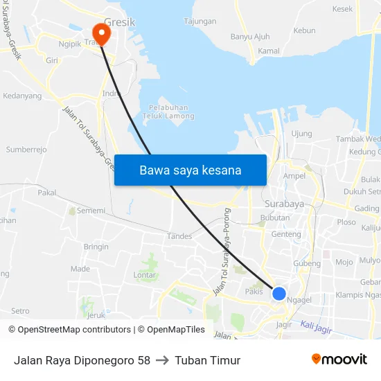 Jalan Raya Diponegoro 58 to Tuban Timur map