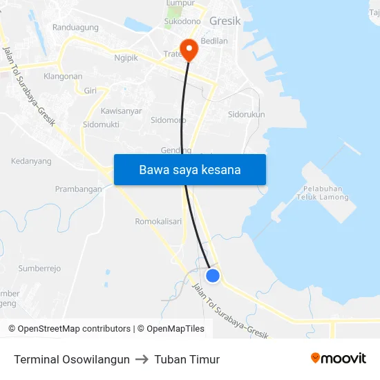 Terminal Osowilangun to Tuban Timur map