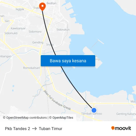 Pkb Tandes 2 to Tuban Timur map