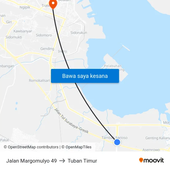 Jalan Margomulyo 49 to Tuban Timur map