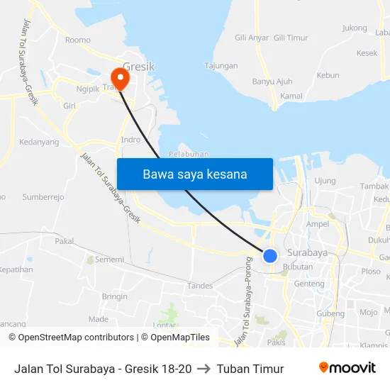 Jalan Tol Surabaya - Gresik 18-20 to Tuban Timur map