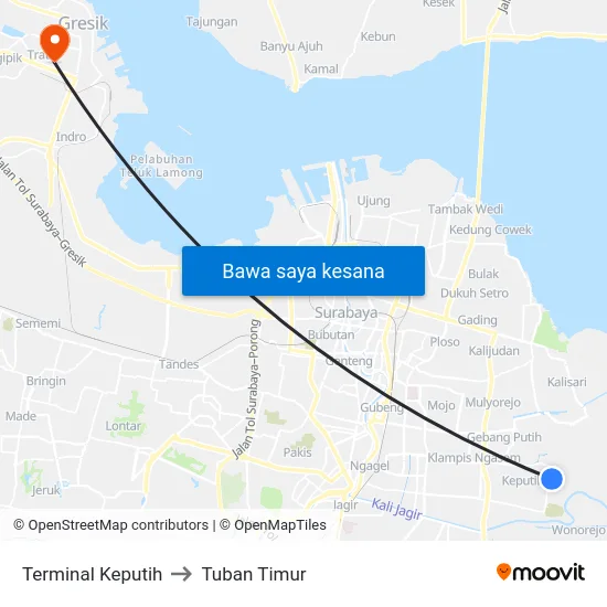 Terminal Keputih to Tuban Timur map