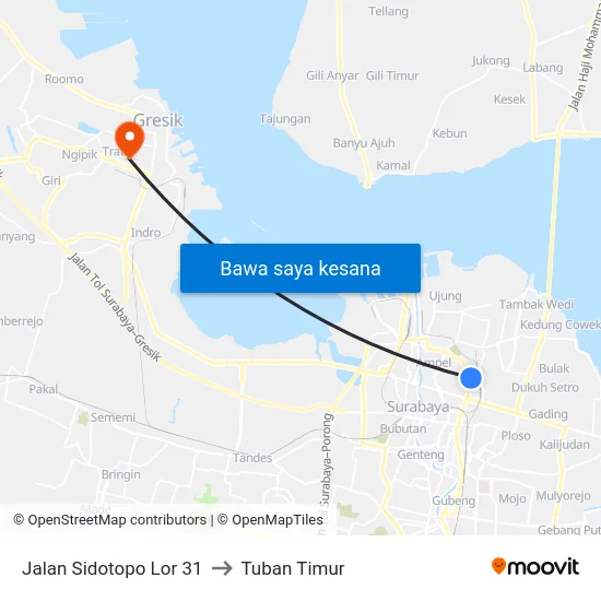 Jalan Sidotopo Lor 31 to Tuban Timur map