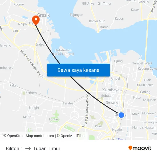 Biliton 1 to Tuban Timur map