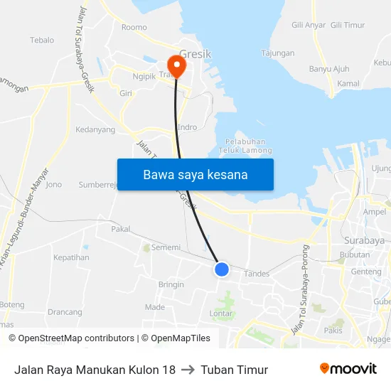 Jalan Raya Manukan Kulon 18 to Tuban Timur map