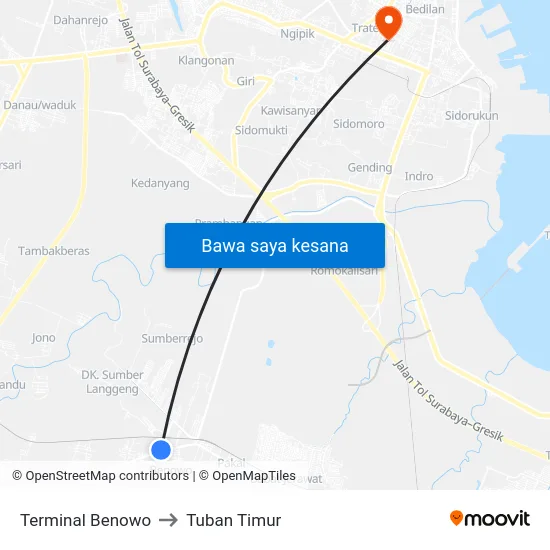 Terminal Benowo to Tuban Timur map