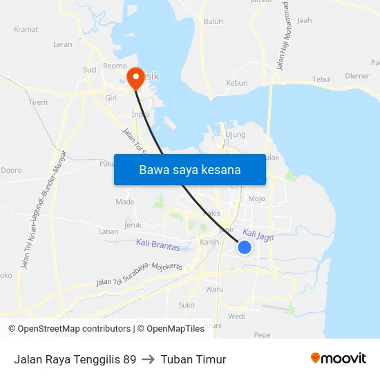 Jalan Raya Tenggilis 89 to Tuban Timur map