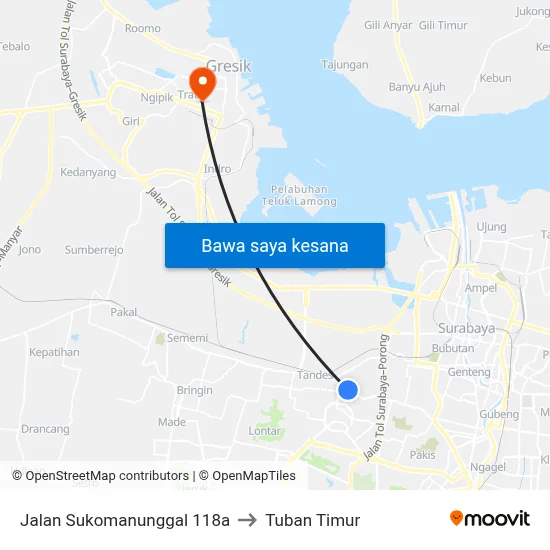 Jalan Sukomanunggal 118a to Tuban Timur map