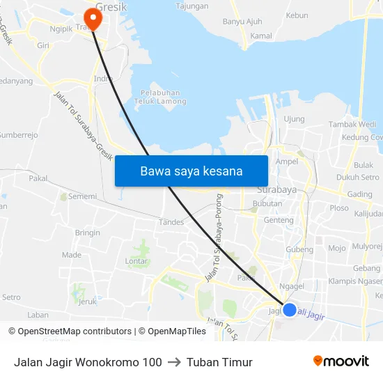 Jalan Jagir Wonokromo 100 to Tuban Timur map
