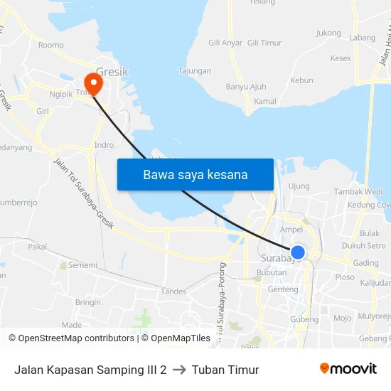 Jalan Kapasan Samping III 2 to Tuban Timur map