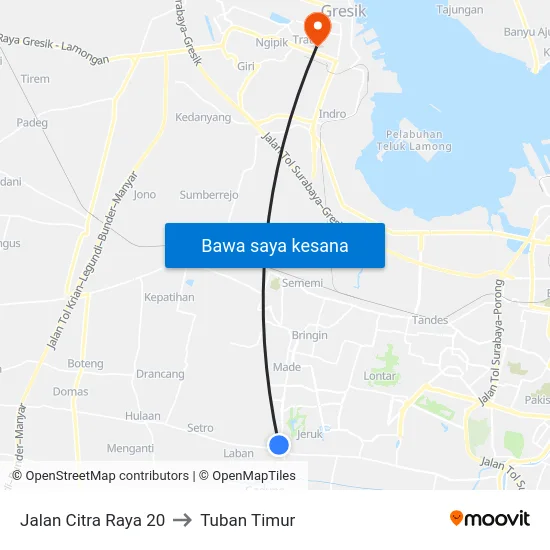 Jalan Citra Raya 20 to Tuban Timur map