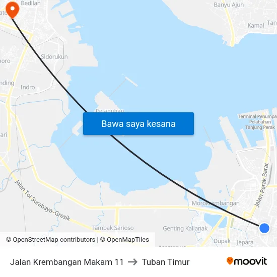 Jalan Krembangan Makam 11 to Tuban Timur map