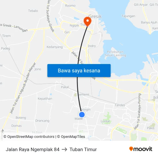 Jalan Raya Ngemplak 84 to Tuban Timur map
