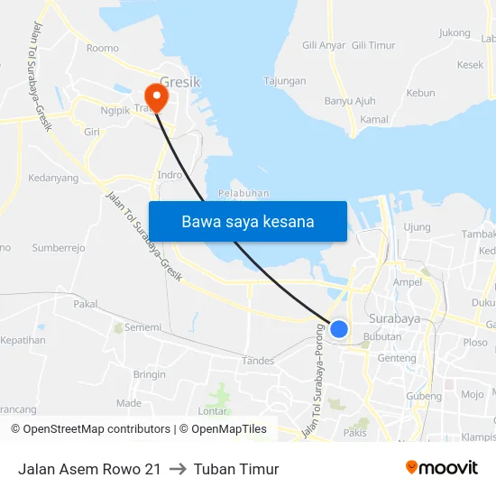Jalan Asem Rowo 21 to Tuban Timur map