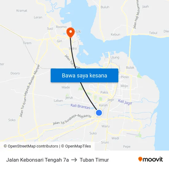 Jalan Kebonsari Tengah 7a to Tuban Timur map