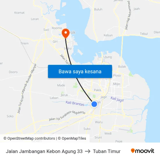 Jalan Jambangan Kebon Agung 33 to Tuban Timur map