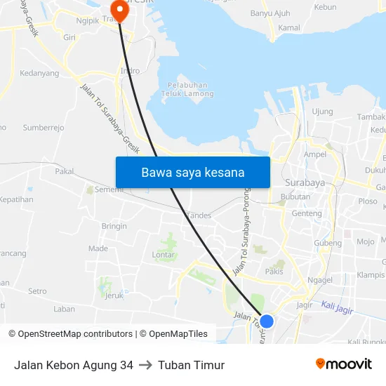 Jalan Kebon Agung 34 to Tuban Timur map