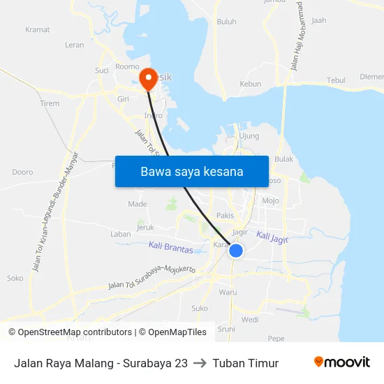 Jalan Raya Malang - Surabaya 23 to Tuban Timur map